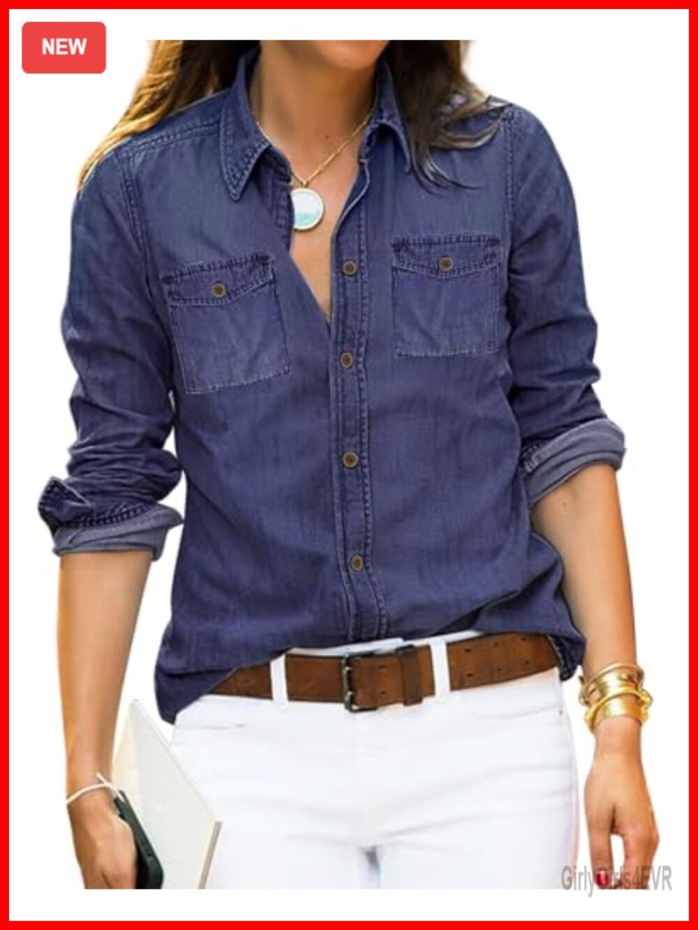 Vetinee Women's Button Down Denim Shirt Collared Casual Long Sleeve Tunic
